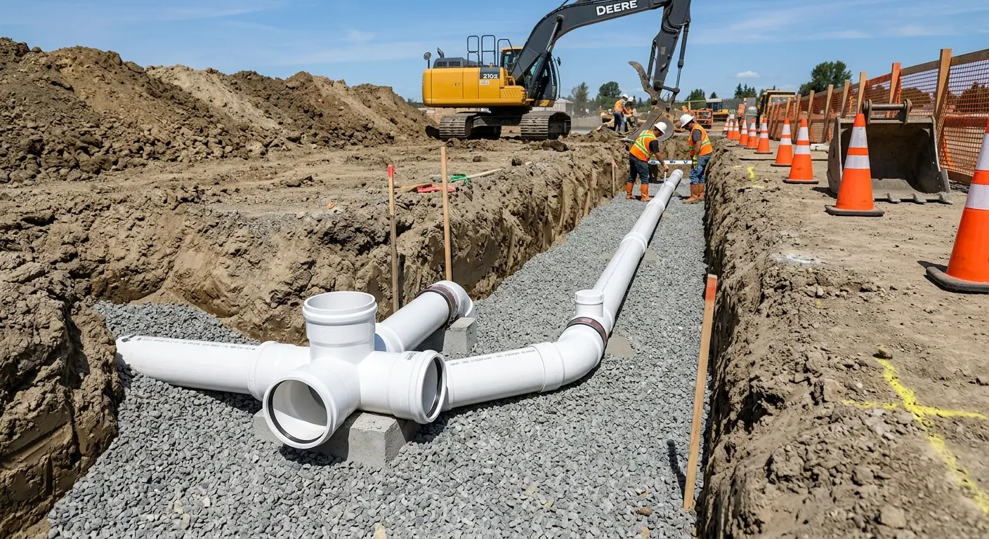 New PVC sewer pipe installation in open trench for Sewer Backup in Marinette