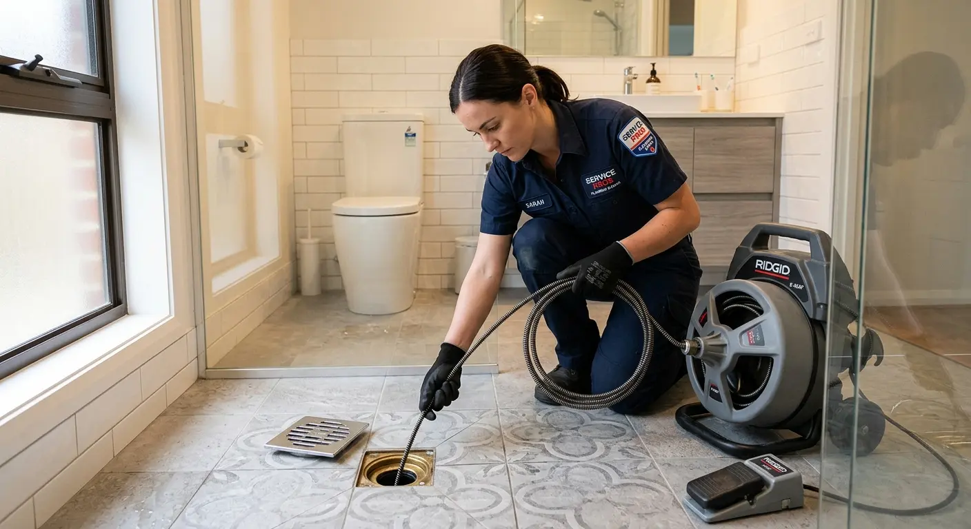 Technician clearing a bathroom floor drain for Sewer Line Installation in Marinette